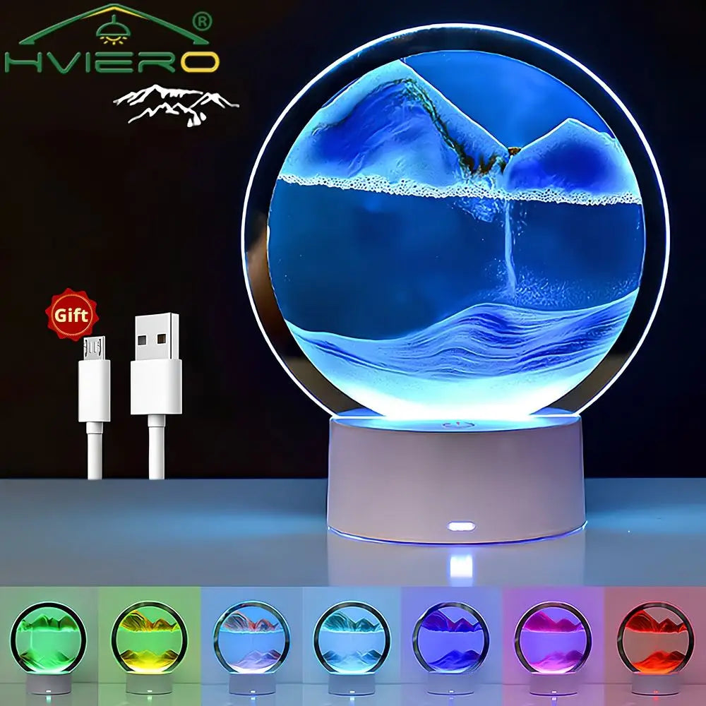 LED Sabbie mobili Pittura Lampada da tavolo 3D Moving Art Picture Vetro rotondo Clessidra Luce notturna Comodino Accessori