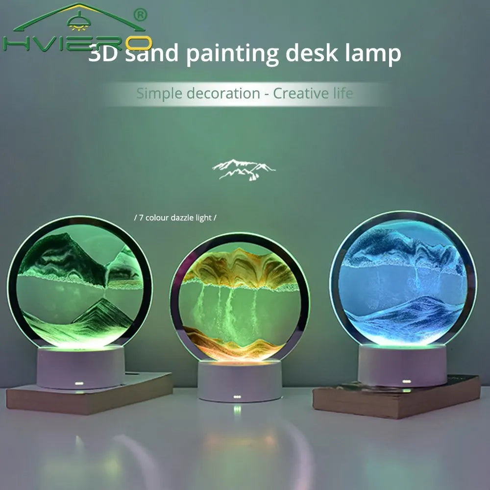 LED Sabbie mobili Pittura Lampada da tavolo 3D Moving Art Picture Vetro rotondo Clessidra Luce notturna Comodino Accessori