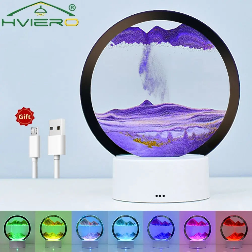 LED Sabbie mobili Pittura Lampada da tavolo 3D Moving Art Picture Vetro rotondo Clessidra Luce notturna Comodino Accessori